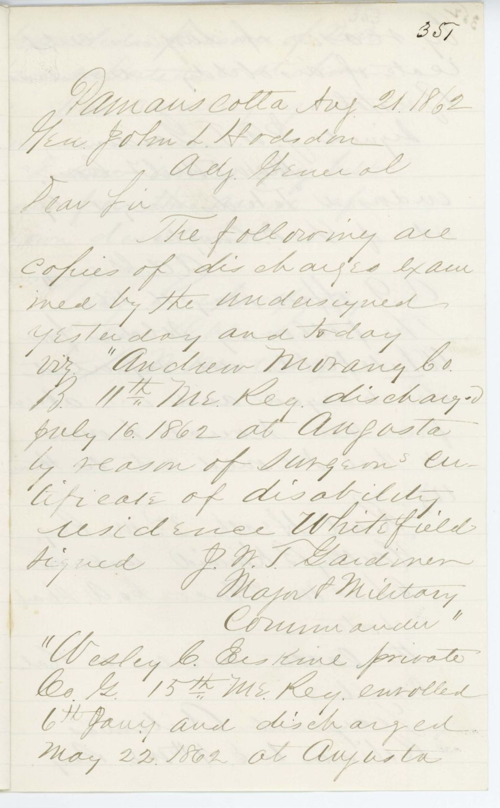 Miniature of Absent Soldiers: Correspondence from H. Metcalf to General Hodsdon