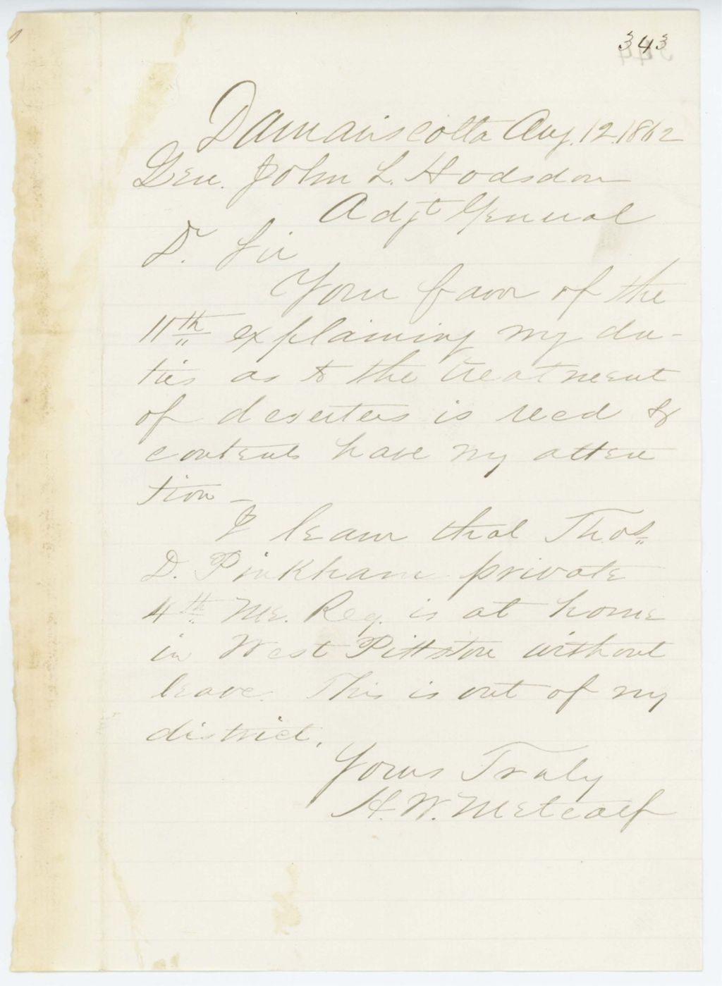 Miniature of Absent Soldiers: Correspondence from H. Metcalf to General Hodsdon