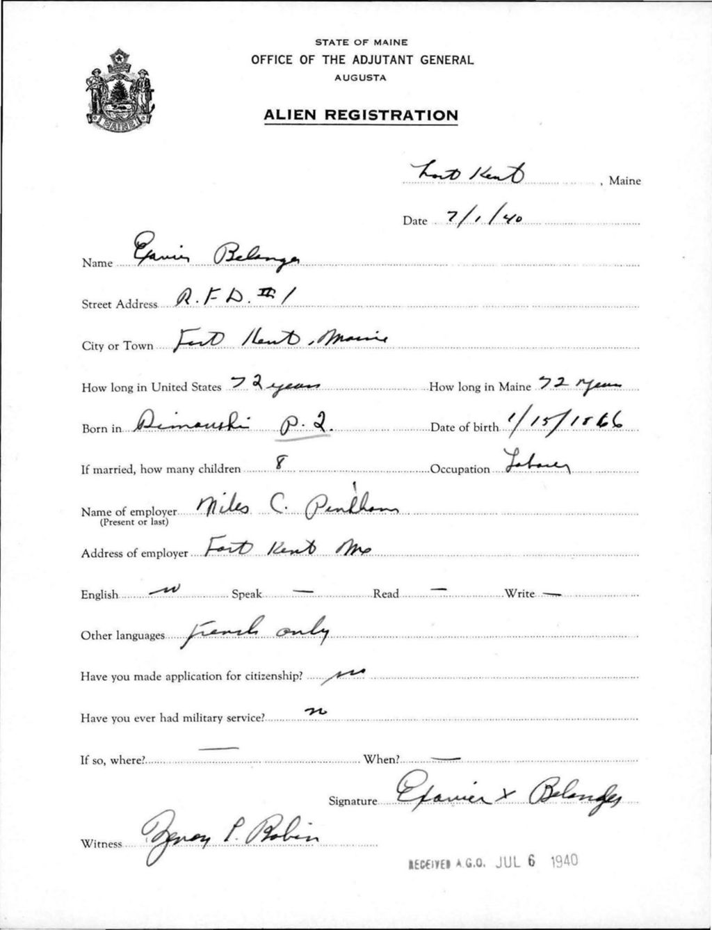 Miniature of Alien Registration- Belanger, Exavier (Fort Kent, Aroostook County)