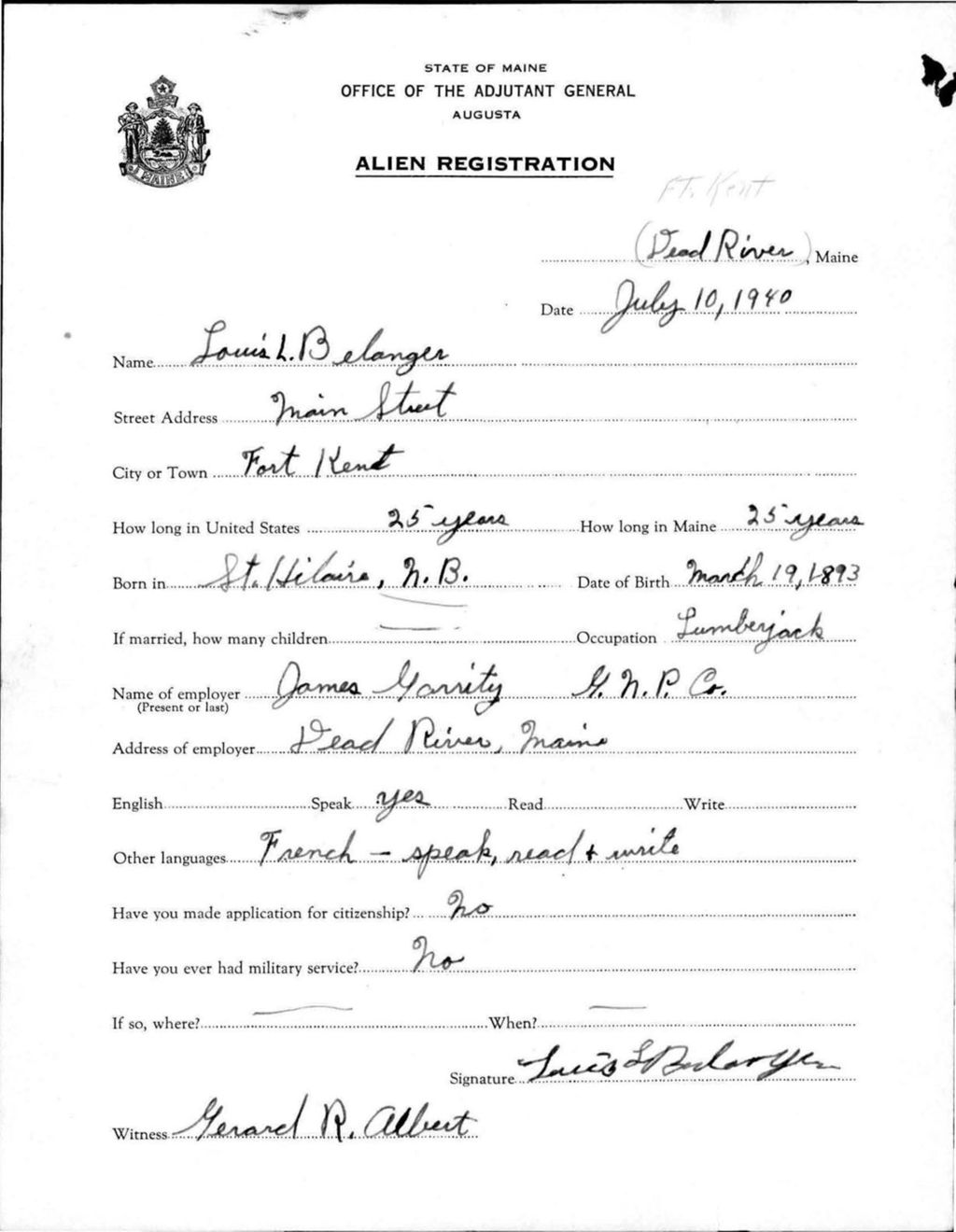 Miniature of Alien Registration- Belanger, Louise L. (Fort Kent, Aroostook County)
