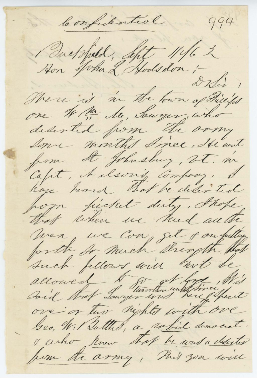 Miniature of Absent Soldiers: Correspondence from S. Andrews to General Hodsdon