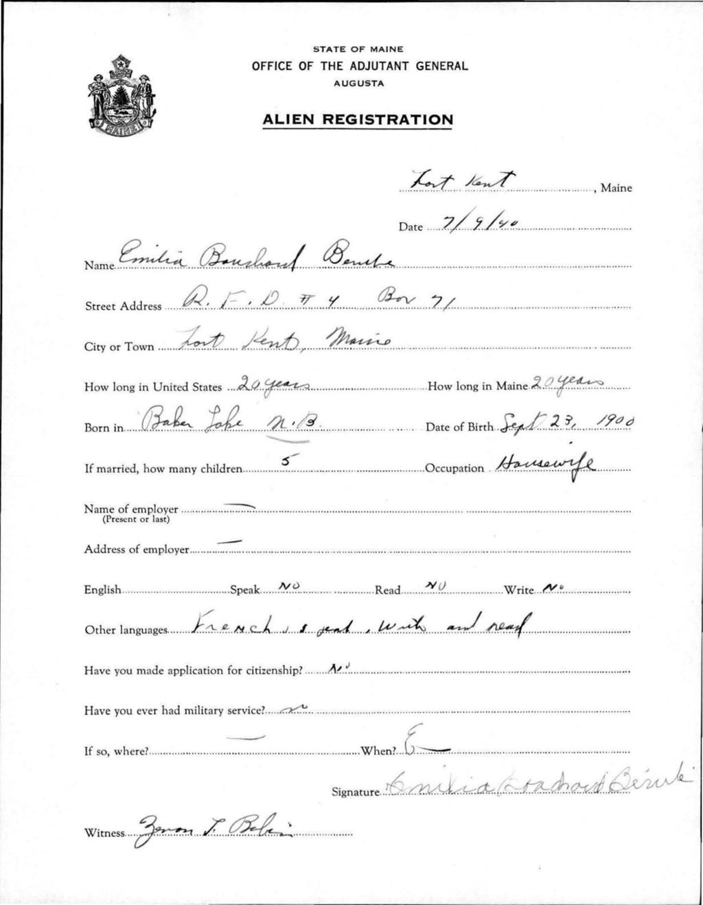 Miniature of Alien Registration- Bouchard Berube, Emilia (Fort Kent, Aroostook County)
