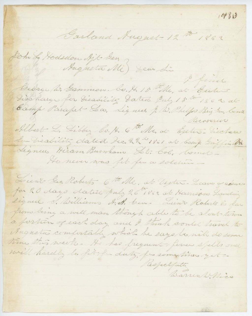 Miniature of Absent Soldiers: Correspondence from W. Rice to General Hodsdon