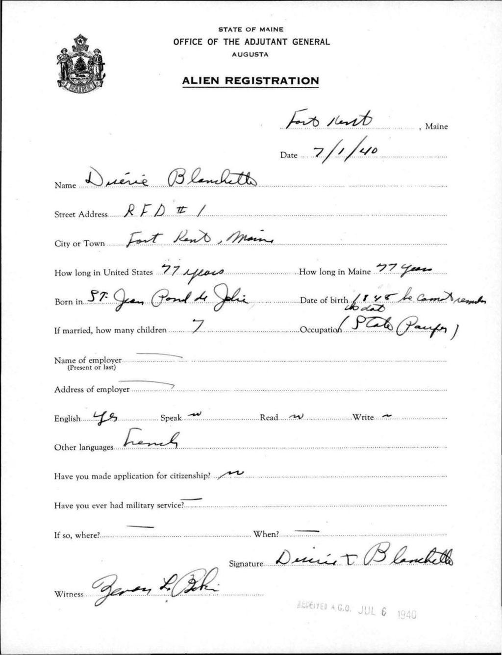 Miniature of Alien Registration- Blanchette, Denise (Fort Kent, Aroostook County)