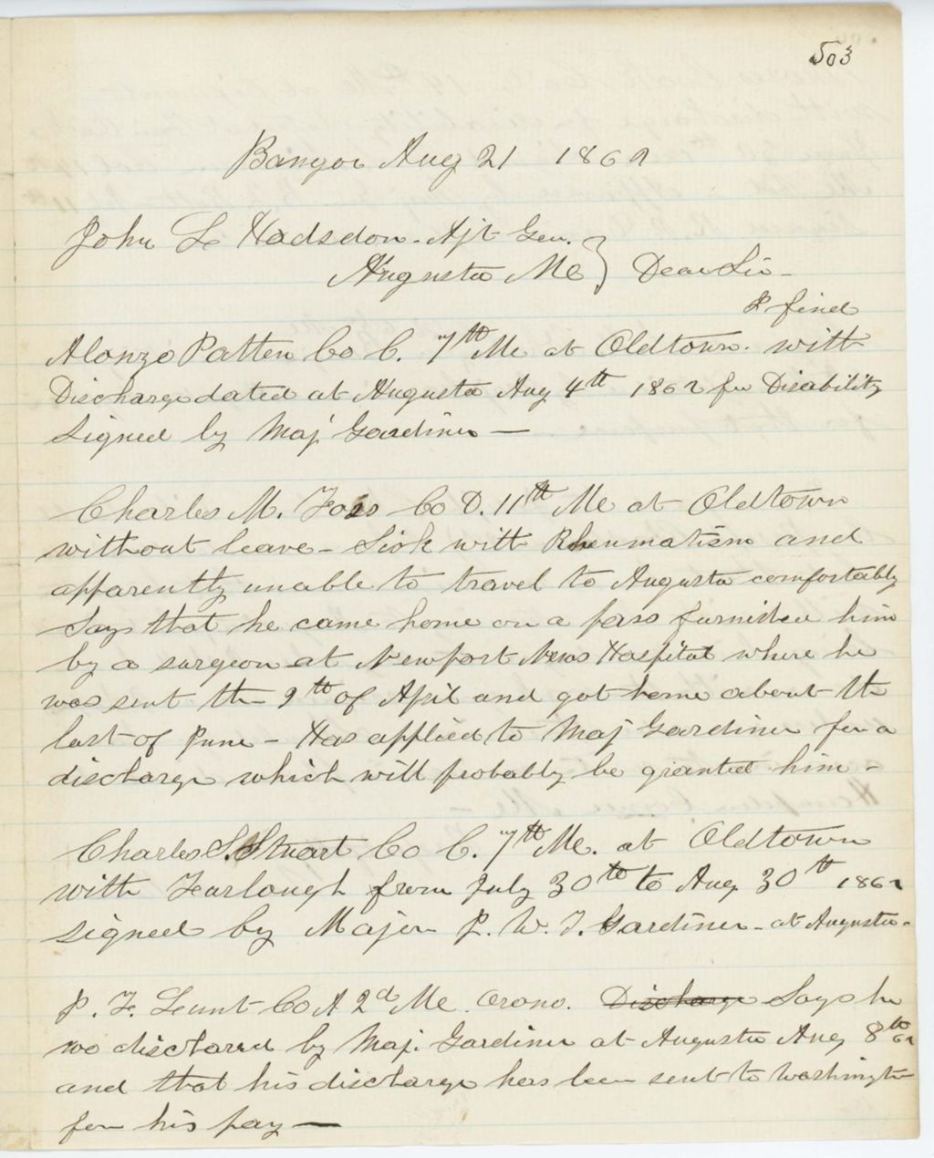 Miniature of Absent Soldiers: Correspondence from W. Rice to General Hodsdon