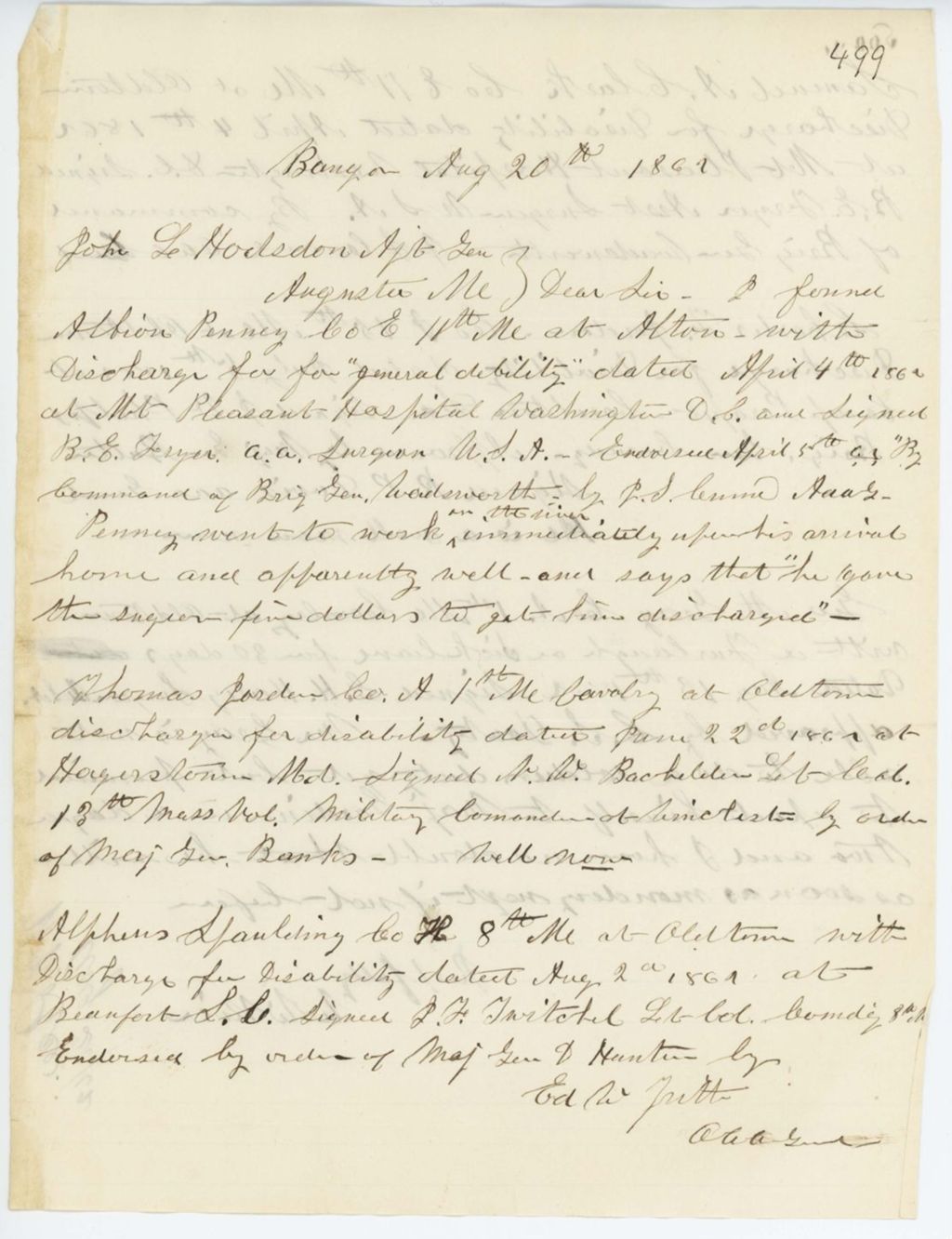 Miniature of Absent Soldiers: Correspondence from W. Rice to General Hodsdon