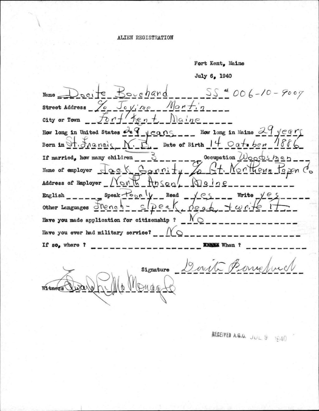 Miniature of Alien Registration- Boucharrd, Docite (Fort Kent, Aroostook County)