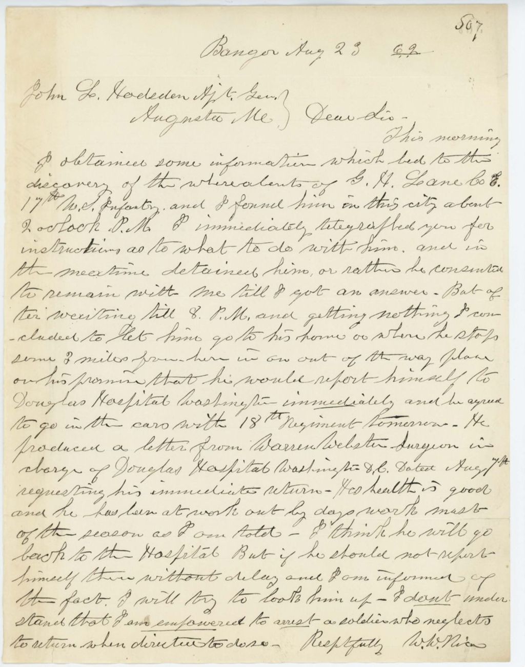 Miniature of Absent Soldiers: Correspondence from W. Rice to General Hodsdon
