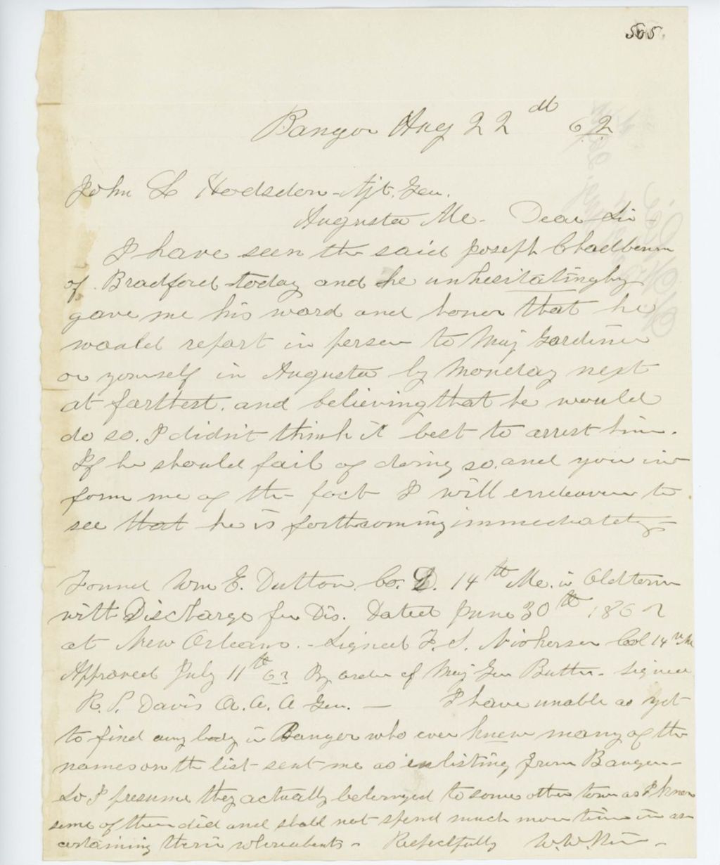 Miniature of Absent Soldiers: Correspondence from W. Rice to General Hodsdon