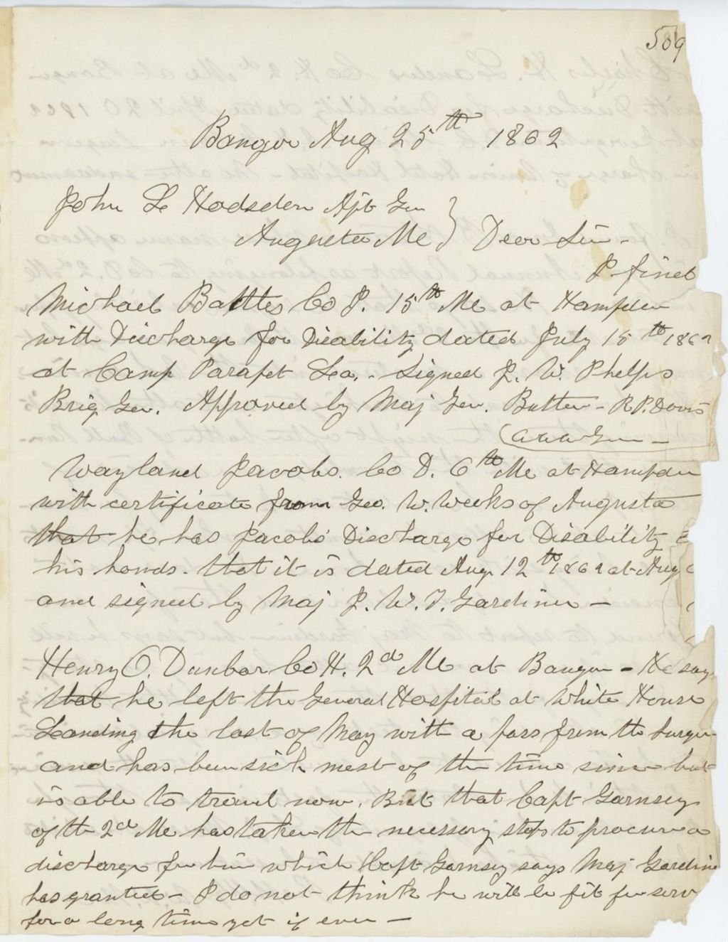 Miniature of Absent Soldiers: Correspondence from W. Rice to General Hodsdon