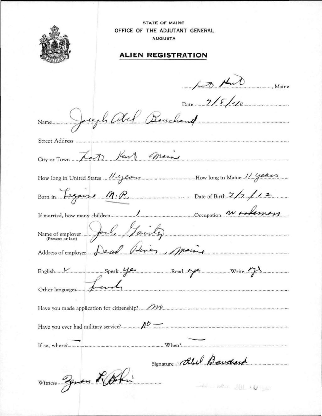 Miniature of Alien Registration- Bouchard, Joseph A. (Fort Kent, Aroostook County)