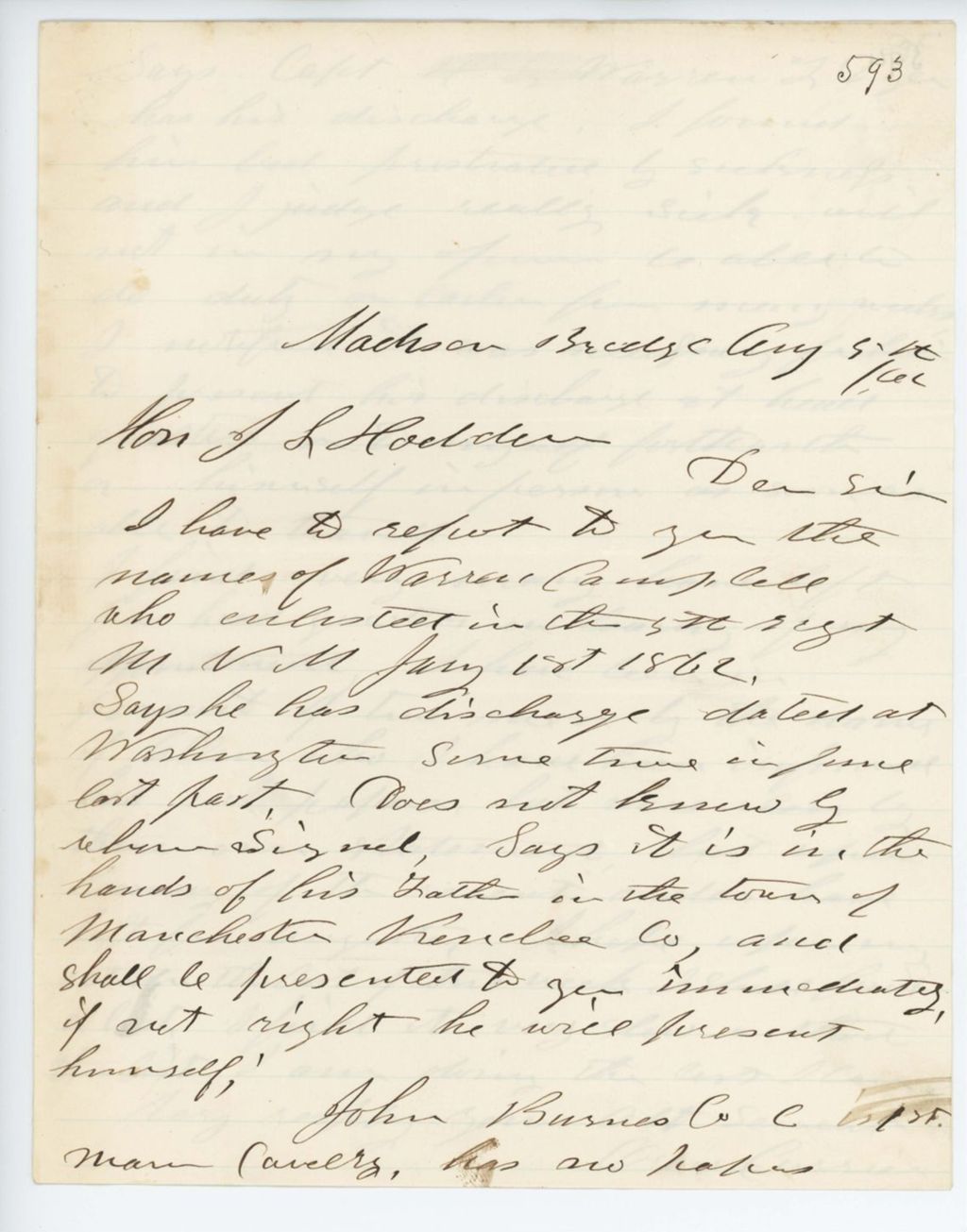 Miniature of Absent Soldiers: Correspondence from O. Currier to General Hodsdon