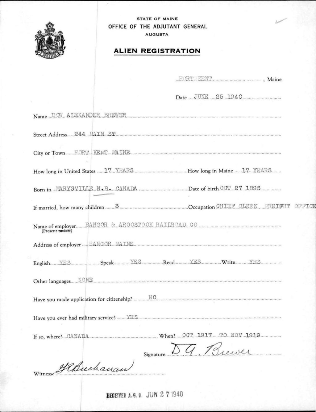 Miniature of Alien Registration- Brewer, Dow A. (Fort Kent, Aroostook County)