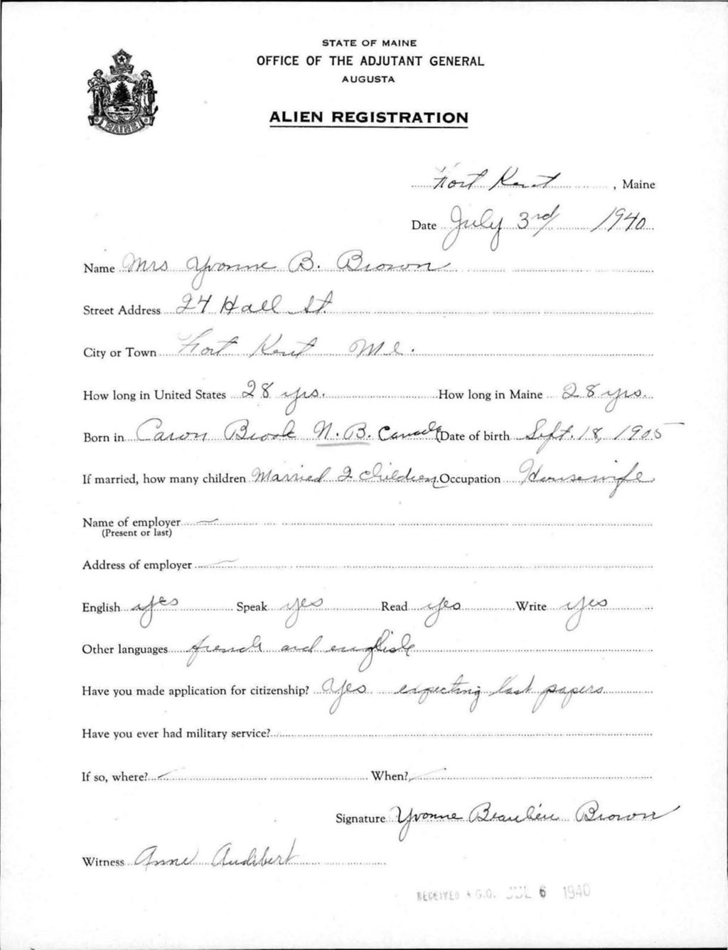 Miniature of Alien Registration- Brown, Yvonne B. (Fort Kent, Aroostook County)