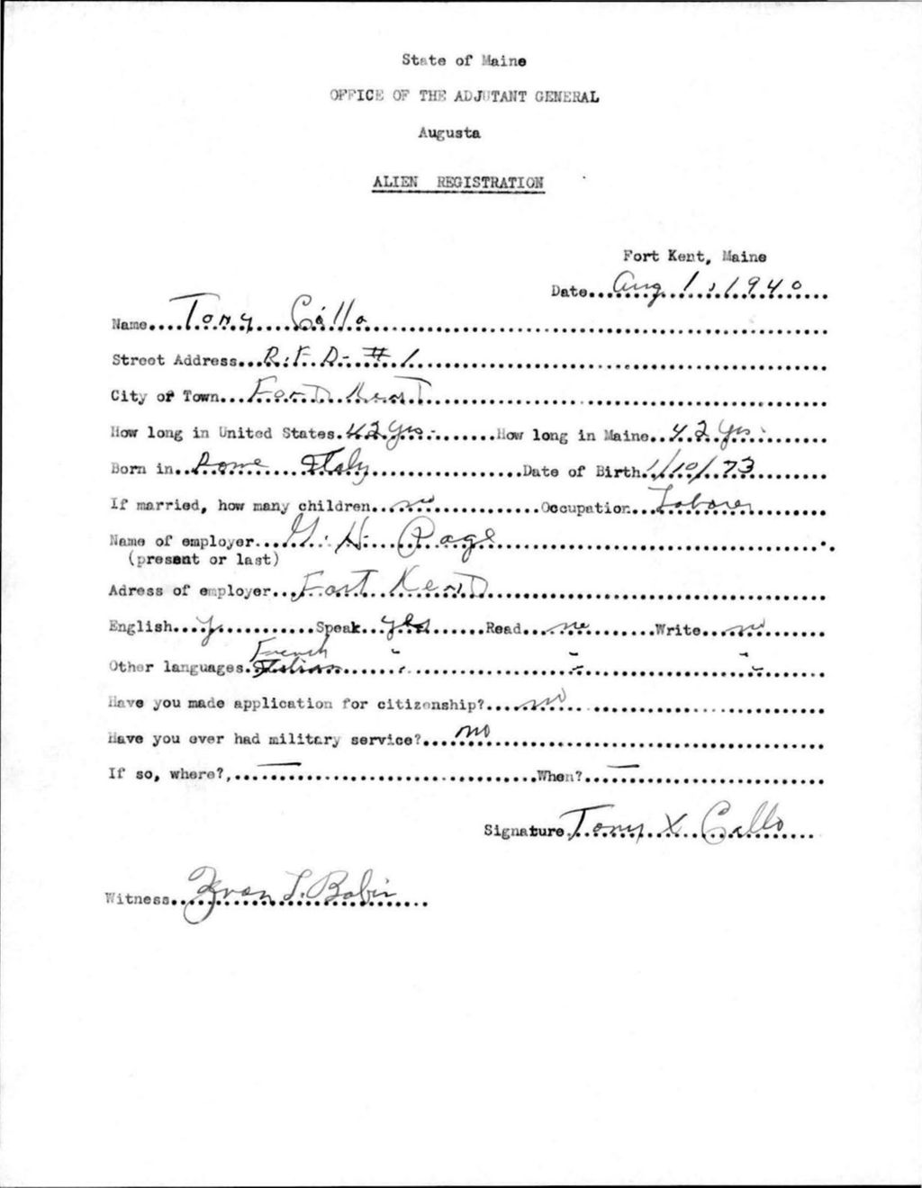 Miniature of Alien Registration- Callo, Tony (Fort Kent, Aroostook County)