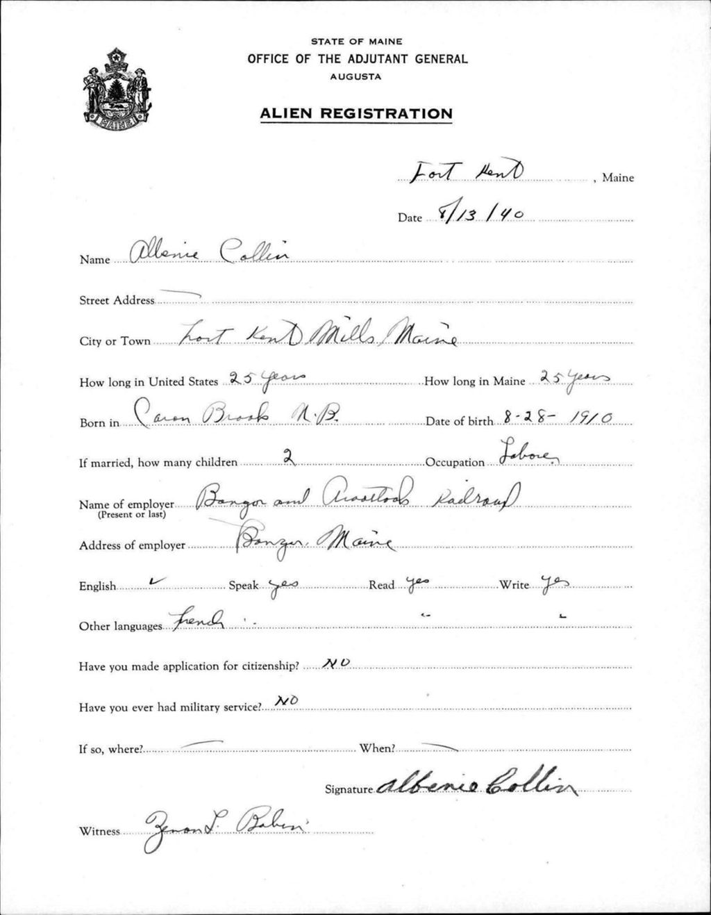 Miniature of Alien Registration- Collin, Albenie (Fort Kent, Aroostook County)