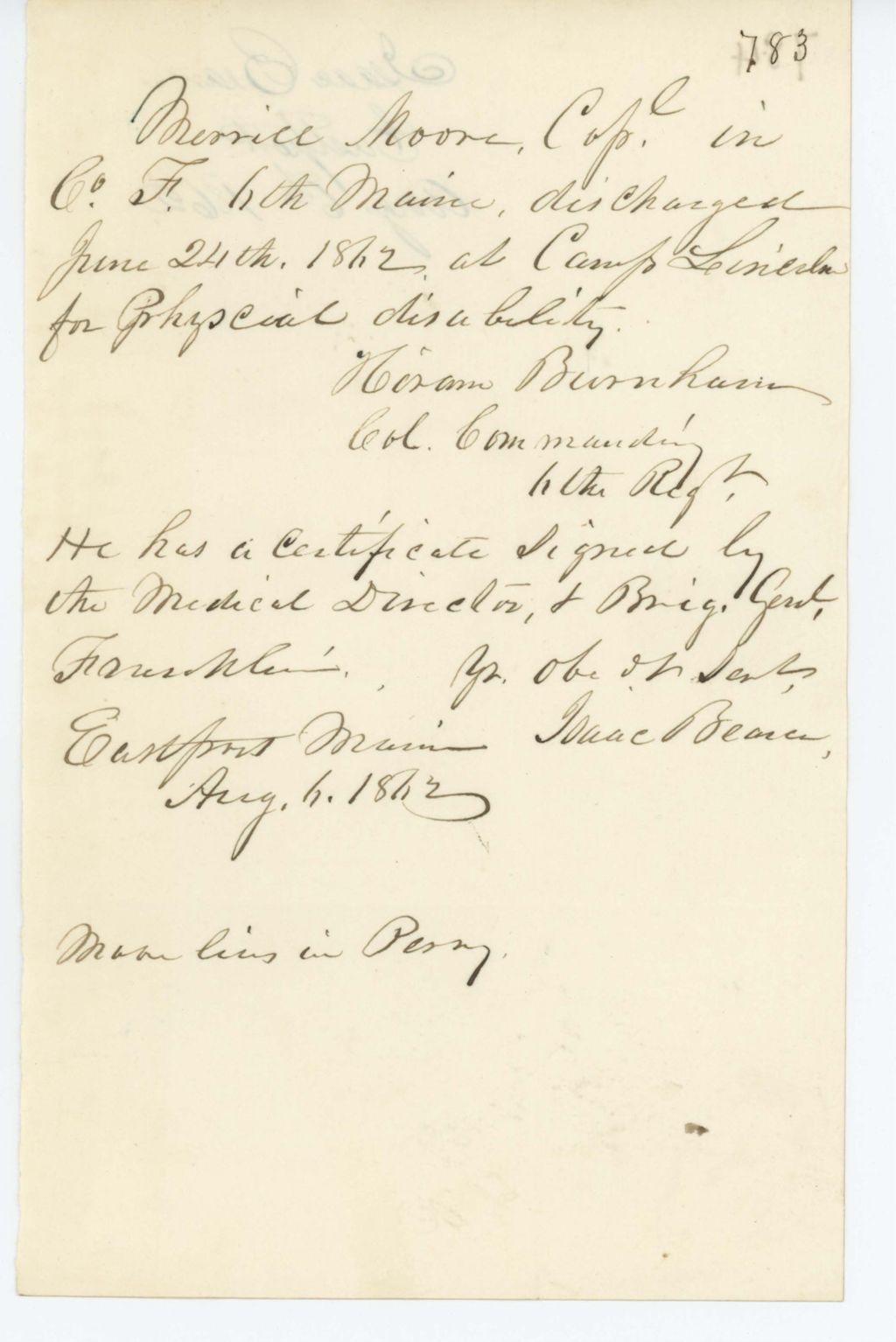 Miniature of Absent Soldiers: Correspondence from I. Bearce to General Hodsdon