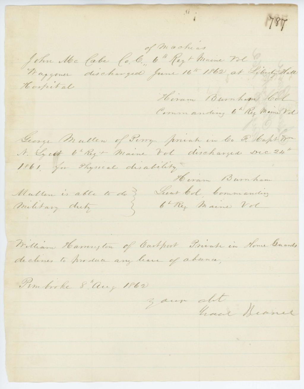 Miniature of Absent Soldiers: Correspondence from I. Bearce to General Hodsdon