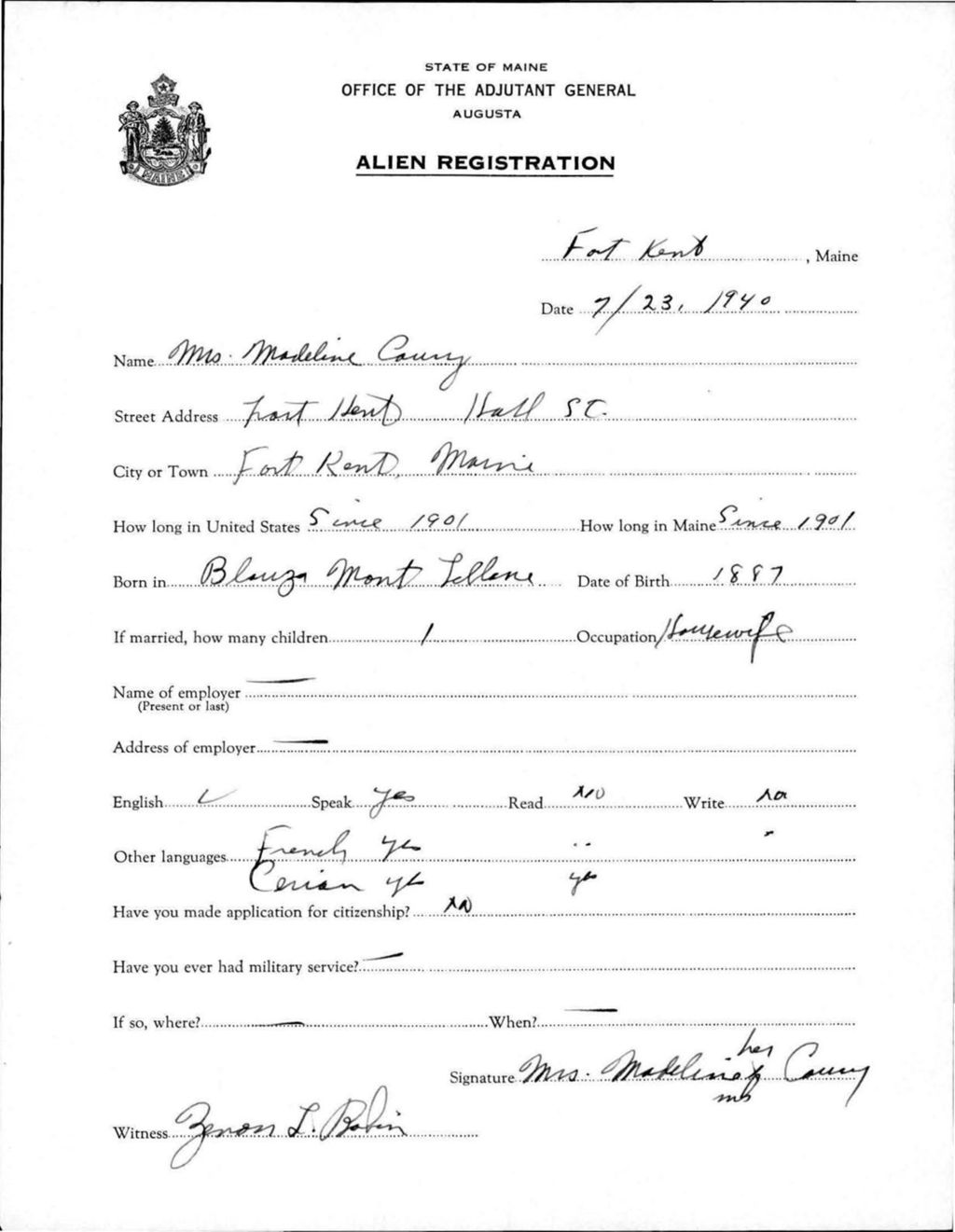 Miniature of Alien Registration- Conry, Madeline (Fort Kent, Aroostook County)