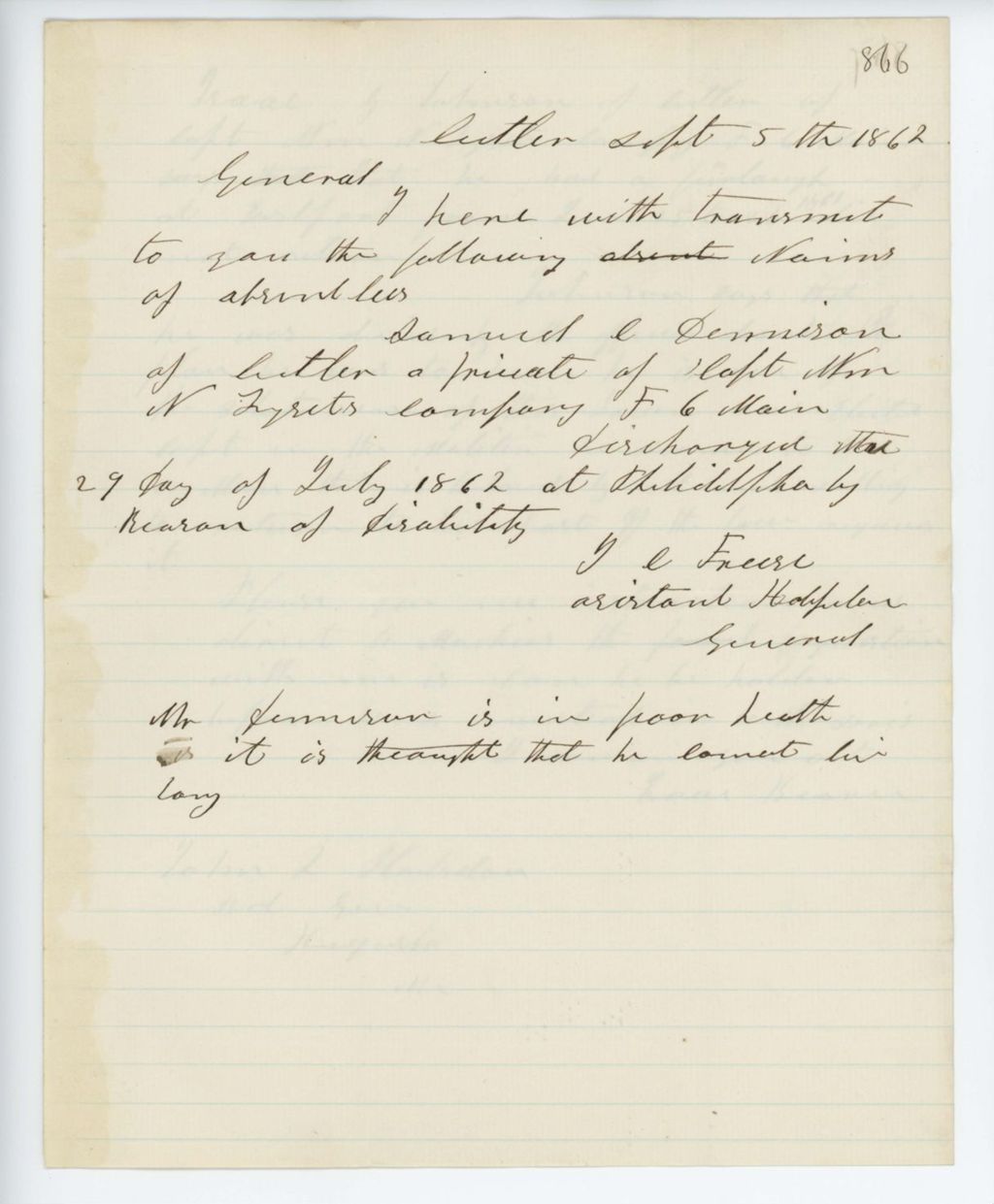 Miniature of Absent Soldiers: Correspondence from I. Bearce to General Hodsdon