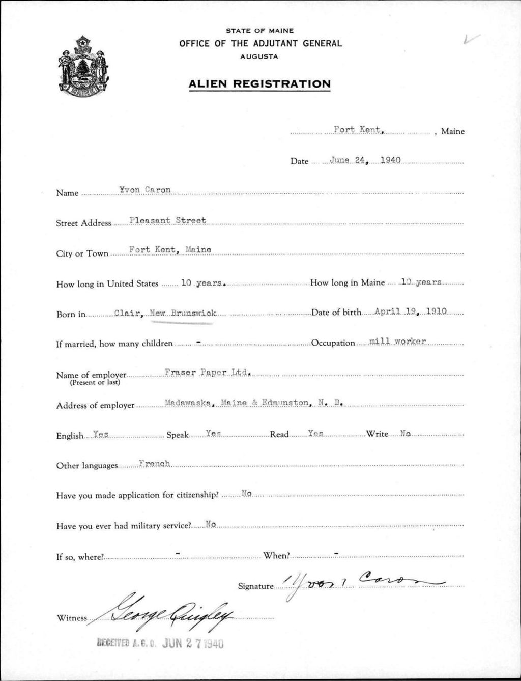 Miniature of Alien Registration- Caron, Yvon (Fort Kent, Aroostook County)
