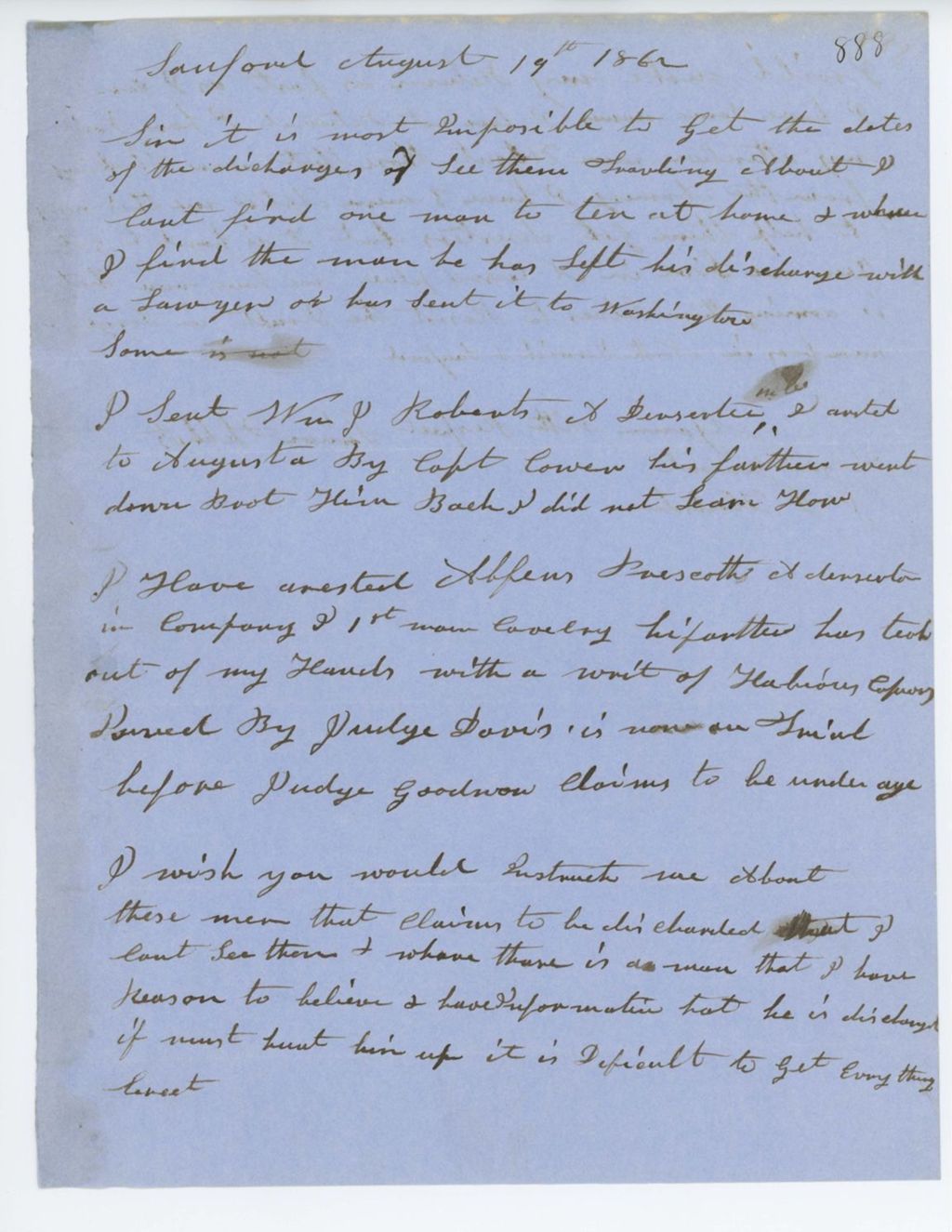 Miniature of Absent Soldiers: Correspondence from S. Tibbetts to General Hodsdon