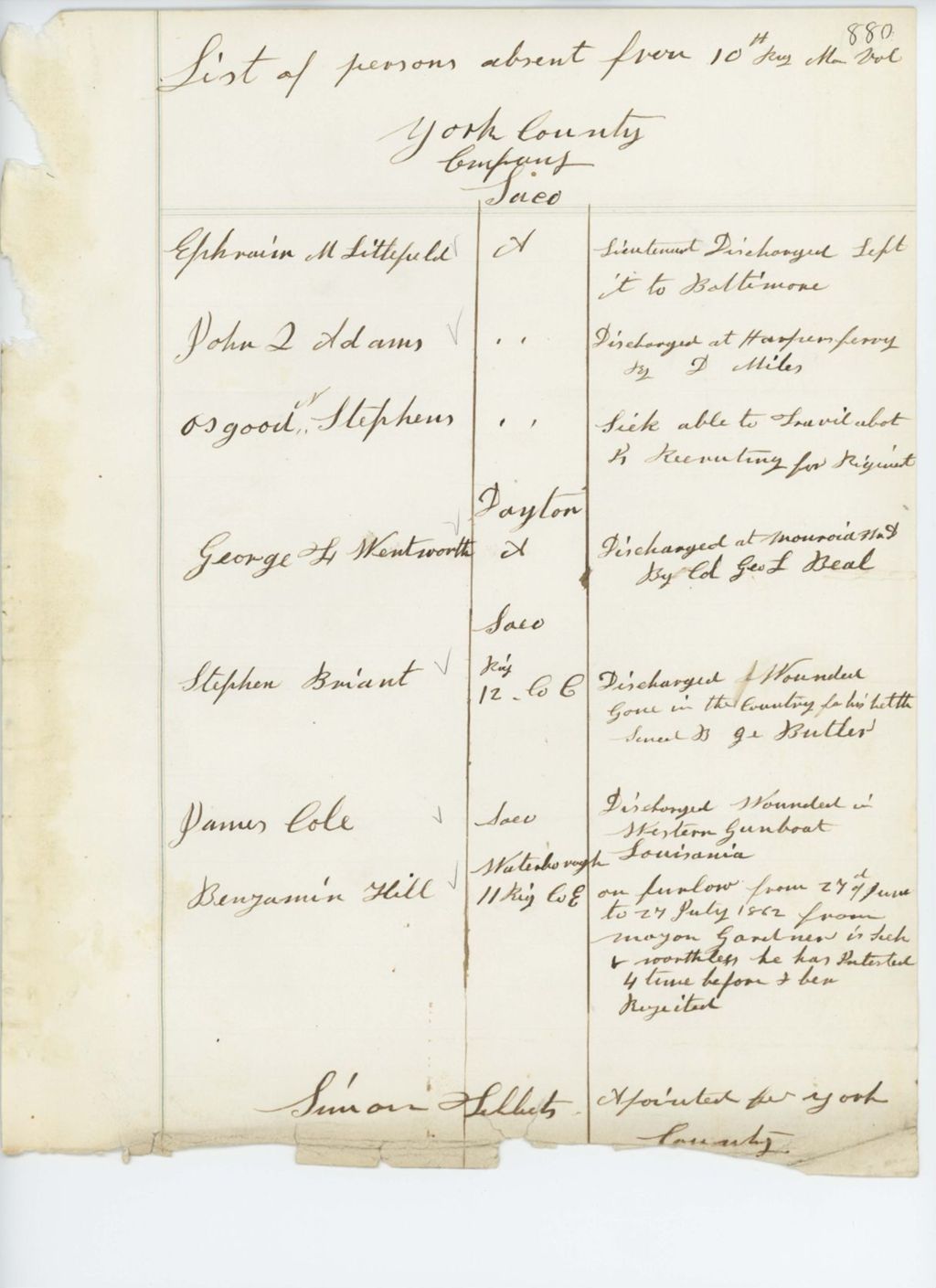 Miniature of Absent Soldiers: Correspondence from S. Tibbetts to General Hodsdon