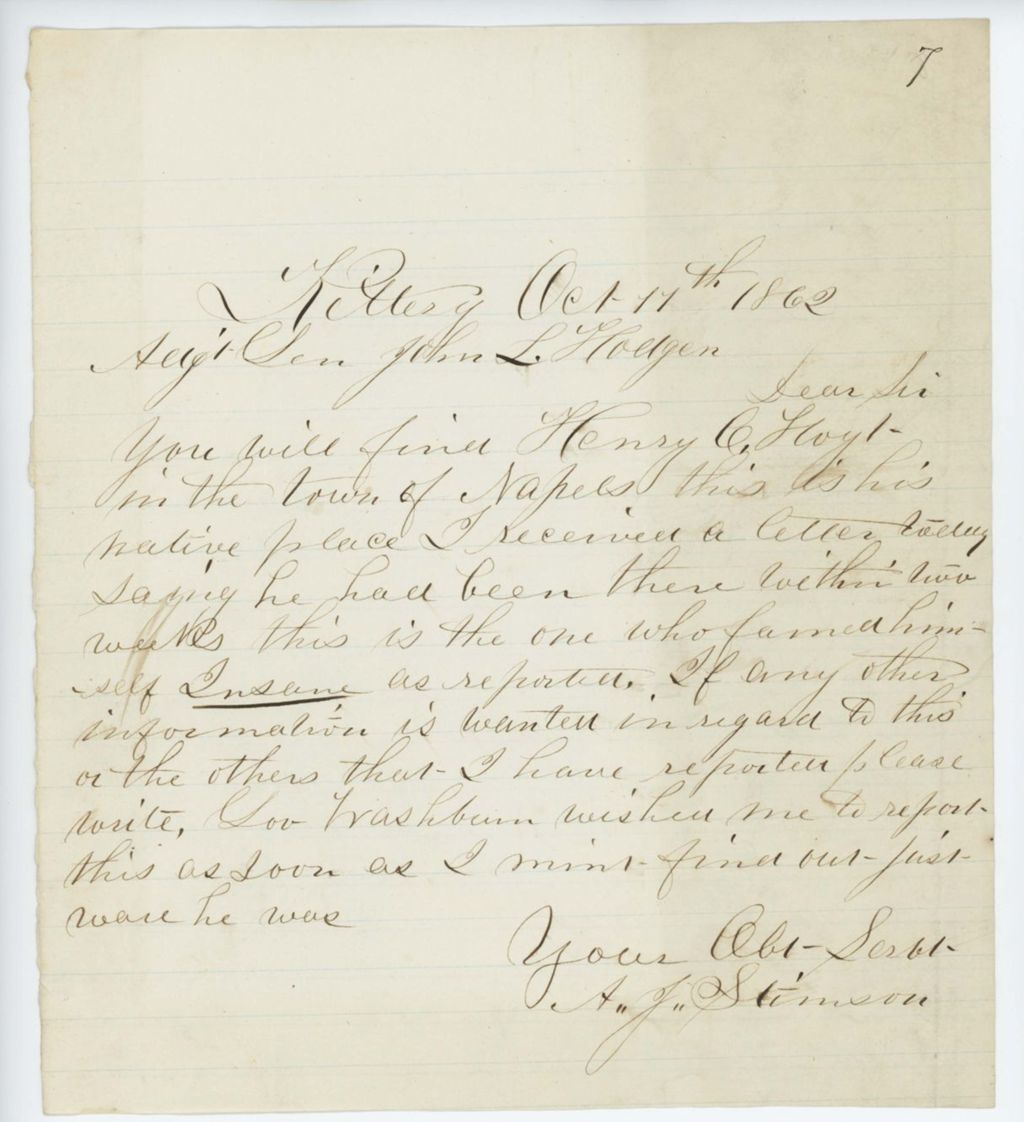 Miniature of Absent Soldiers: Correspondence from A. Stimpson to General Hodsdon