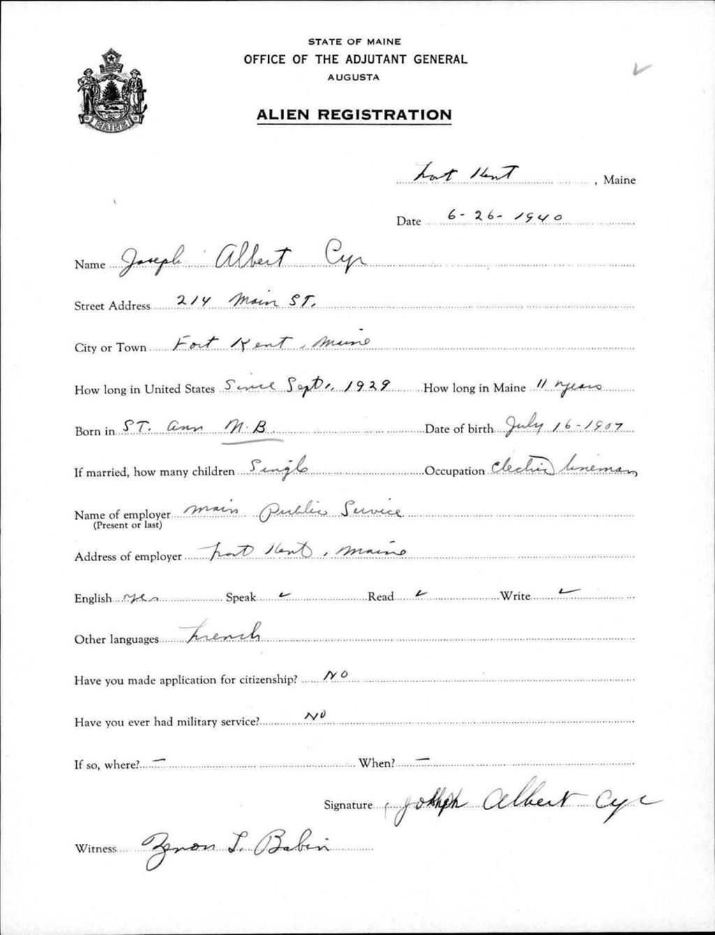 Miniature of Alien Registration- Cyr, Joseph A. (Fort Kent, Aroostook County)