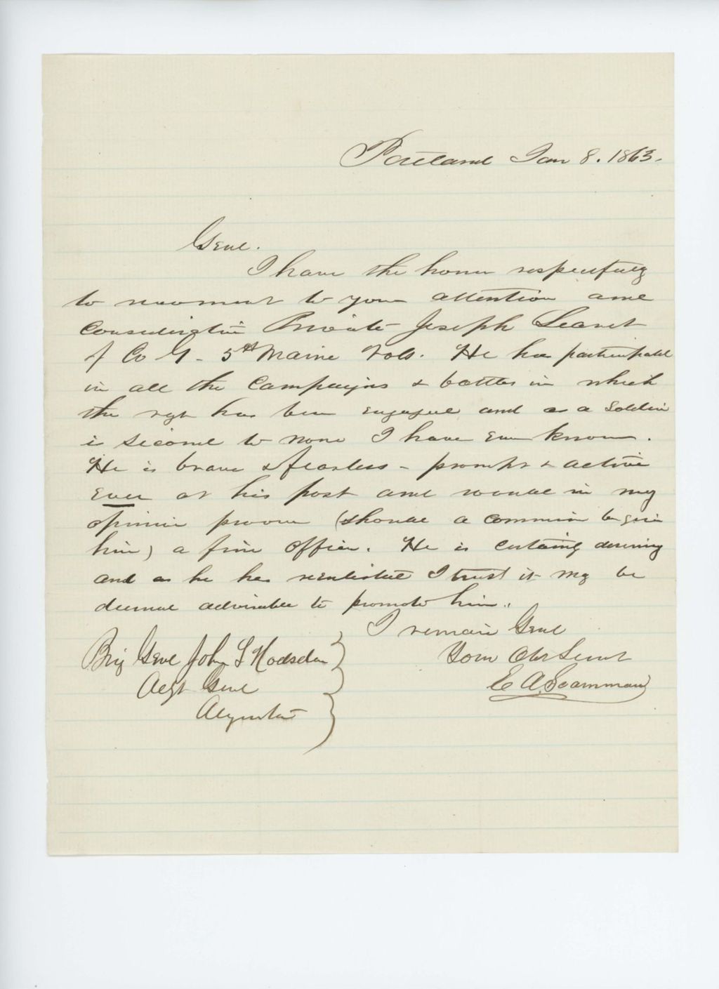 Miniature of E.A. Scamman recommends Joseph Leavit of Company G
