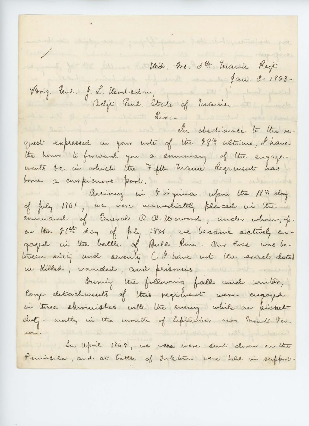 Miniature of Fragment of the summary of engagements written to Brigadier General John Hodsdon