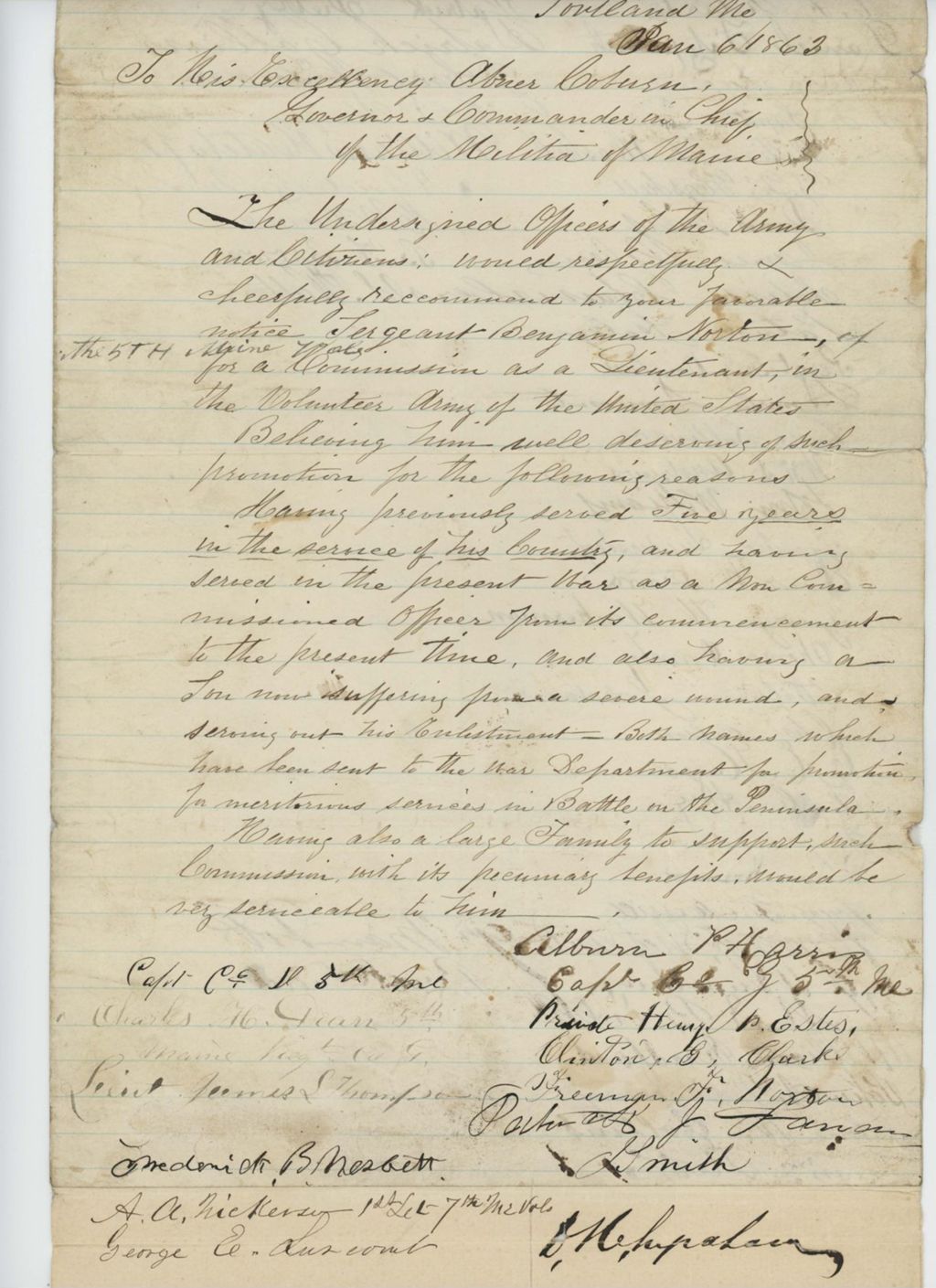 Miniature of Petition of officers recommending Sergeant Benjamin Norton for promotion