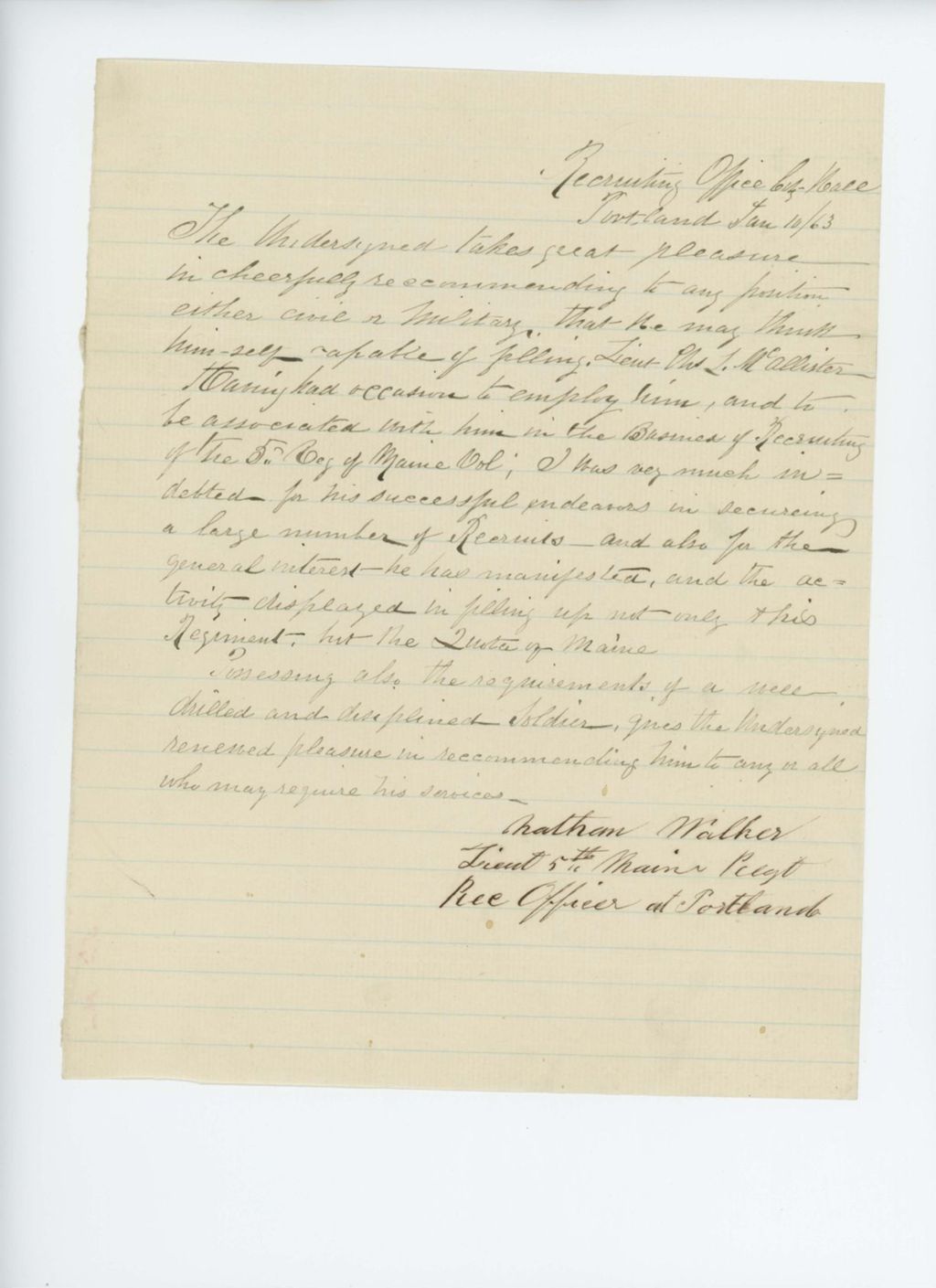 Miniature of Recruiting Officer Nathan Walker recommends Lieutenant Charles L. McAllister for a position