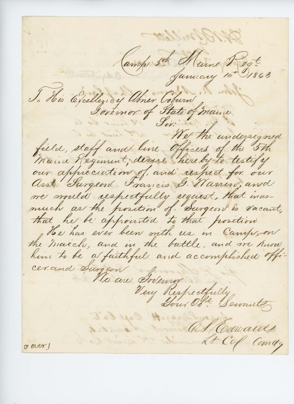 Miniature of Lieutenant Colonel C.S. Edwards and other officers request promotion of Dr. Francis Warren to surgeon