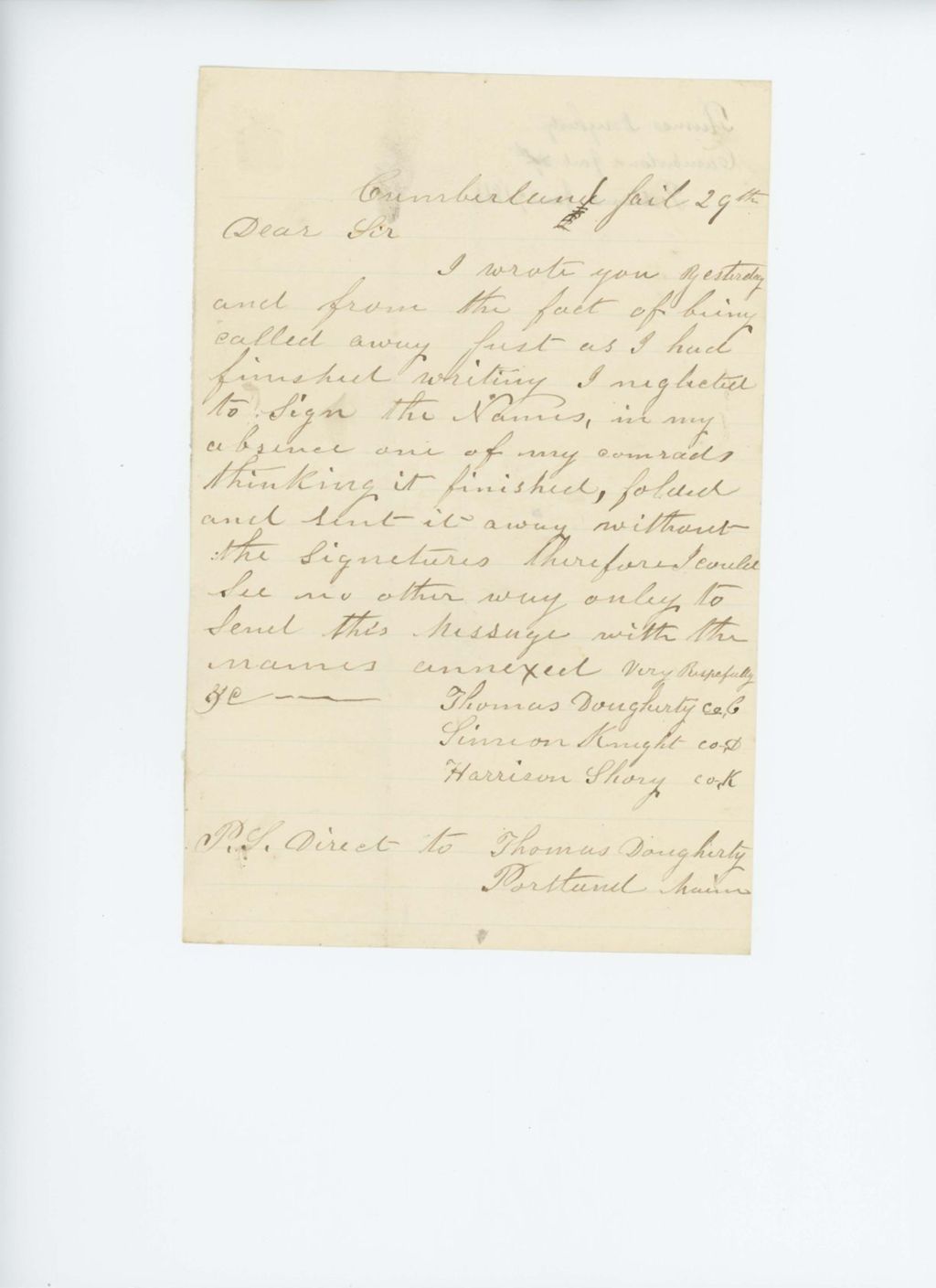 Miniature of Thomas Dougherty of Company C forwards names of his comrades at Cumberland Jail