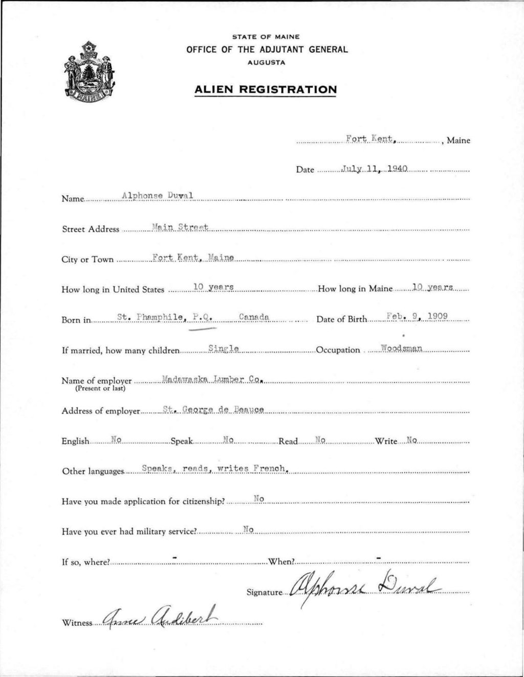 Miniature of Alien Registration- Duval, Alphonse (Fort Kent, Aroostook County)