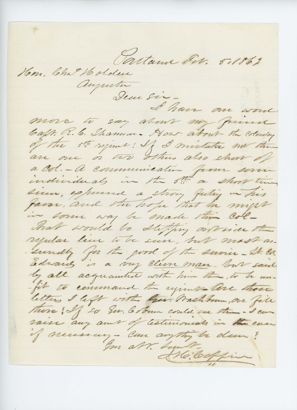 Miniature of J. Coffin recommends Captain Shannon be commissioned as a colonel