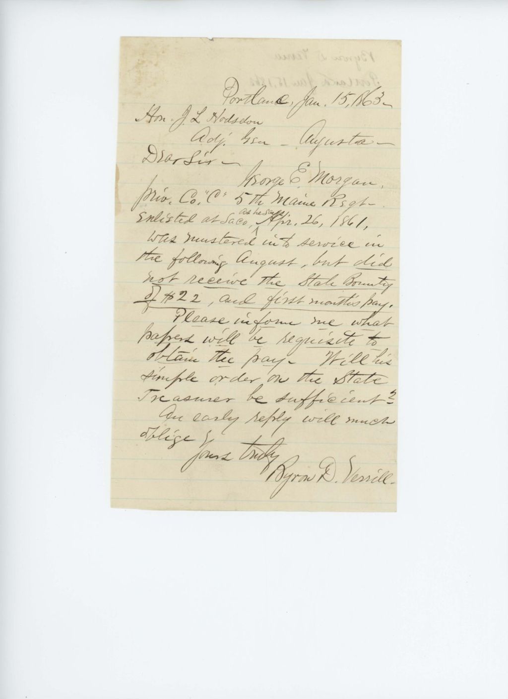 Miniature of Byron Verrill requests state bounty for George E. Morgan of Company C