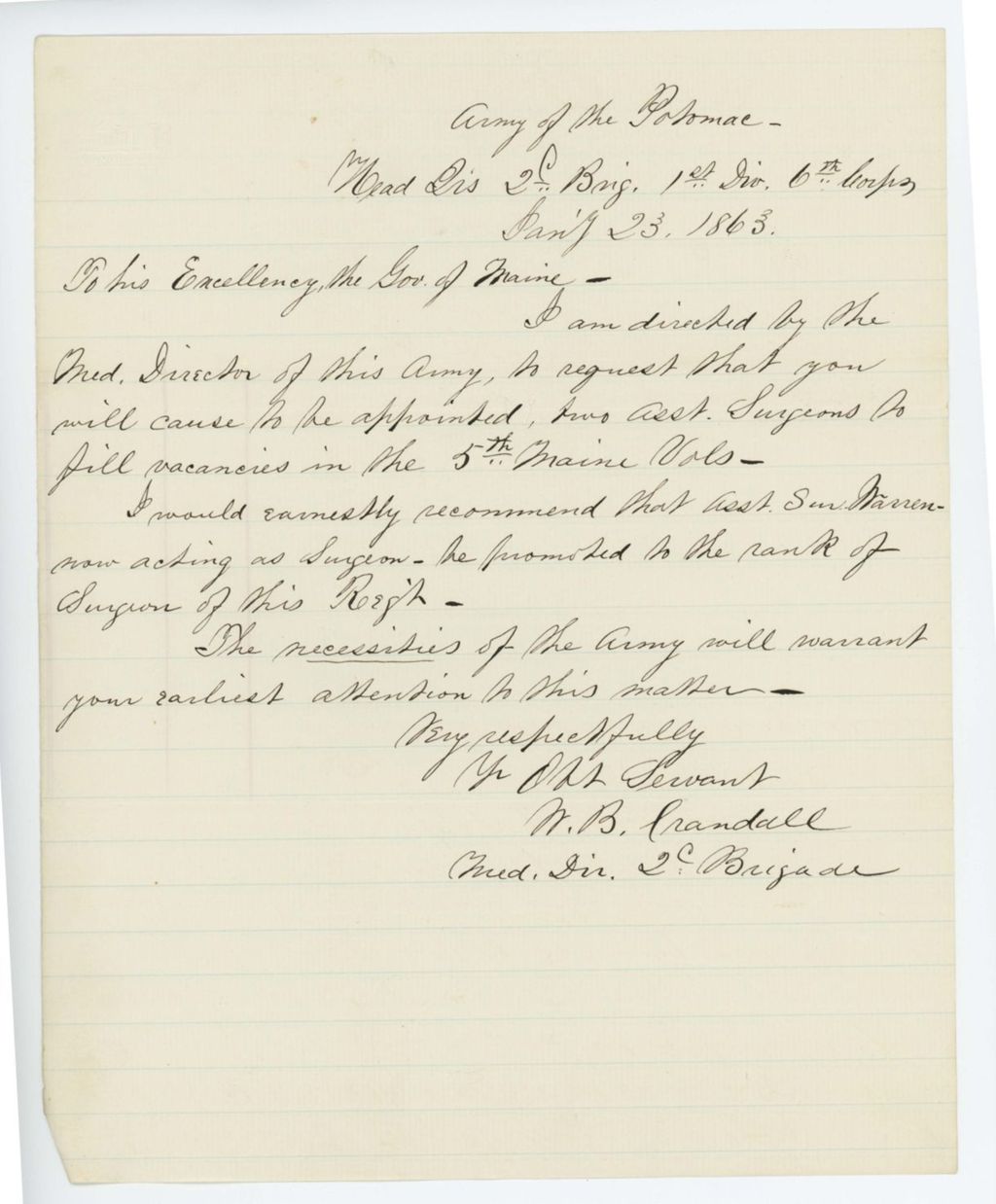 Miniature of Medical Director W. B. Crandall requests 2 assistant surgeons