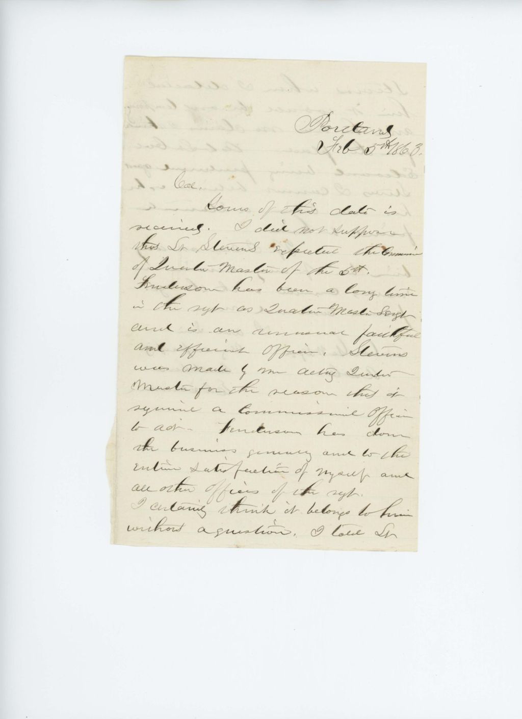 Miniature of E.A. Scamman writes regarding Lieutenant Stevens receiving Quarter Master's commission