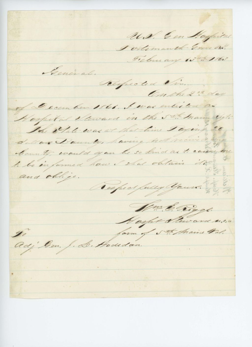 Miniature of William Riggs, Hospital Steward, requests his bounty payment