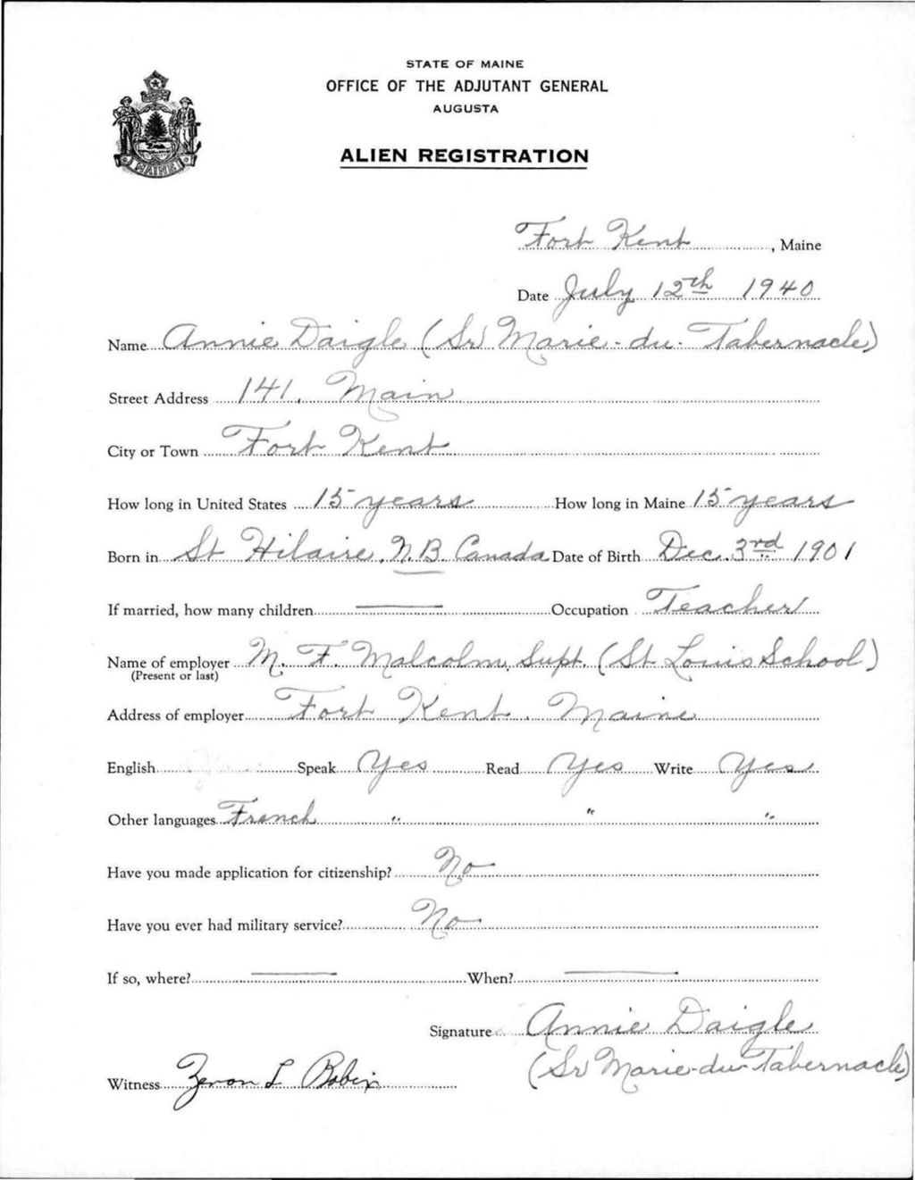 Miniature of Alien Registration- Daigle, Annie (Fort Kent, Aroostook County)