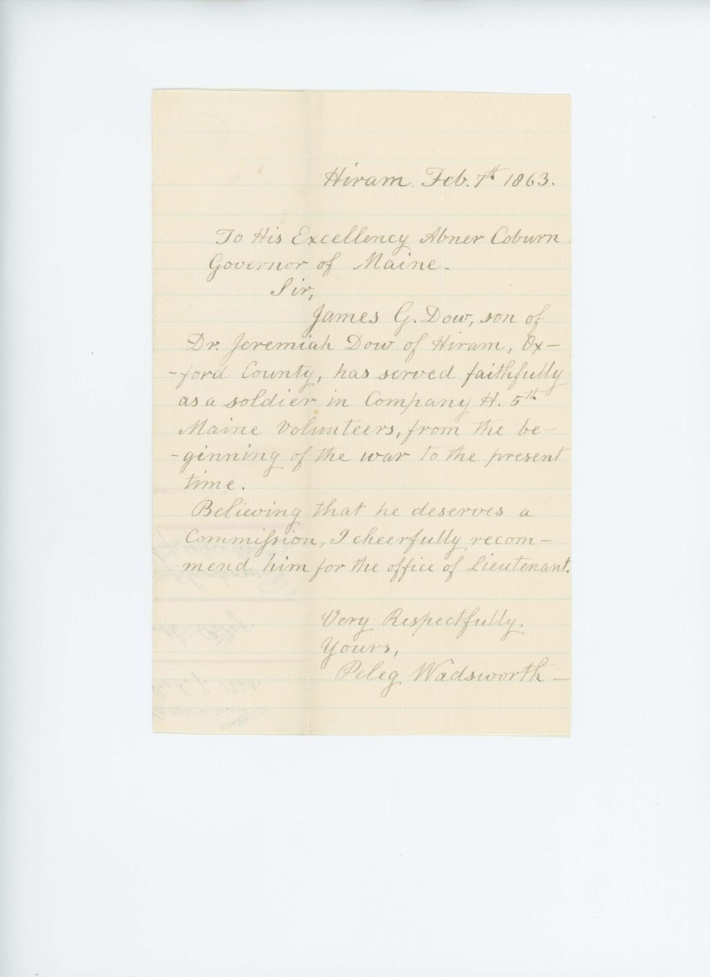Miniature of Peleg Wadsworth recommends James C. Dow for promotion