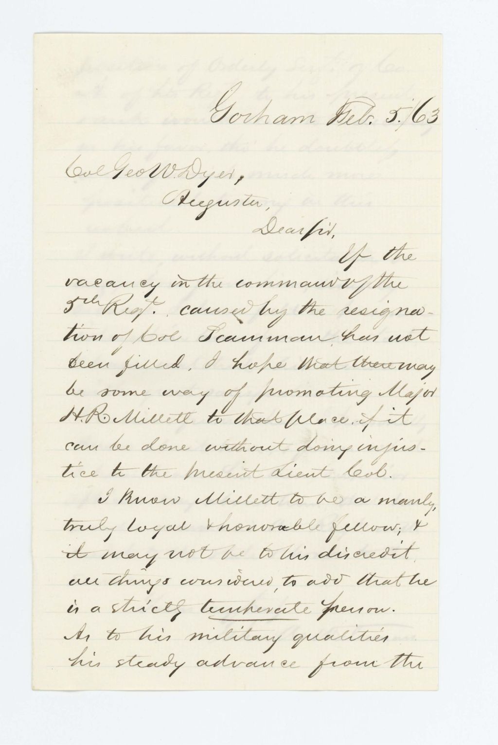 Miniature of Colonel John Waterman writes Colonel George W. Dyer recommending promotion of Major Millett to Colonel Scamman's position