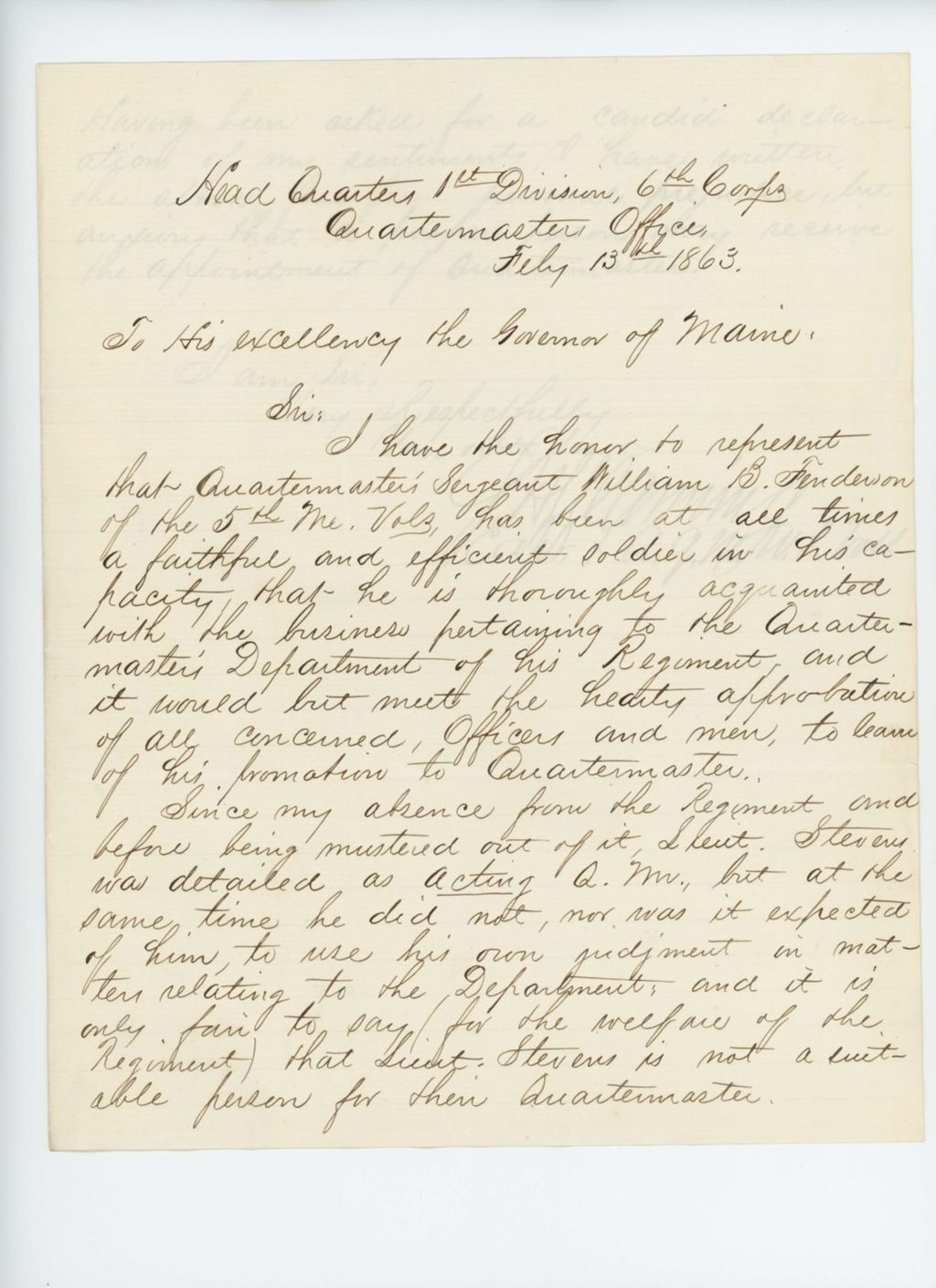 Miniature of Captain Manning recommends Sergeant Fenderson for Quarter Master