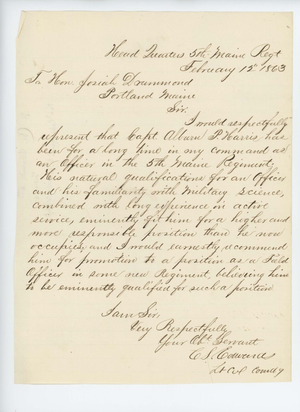 Miniature of Lieutenant Colonel C.S. Edwards recommends Captain Alburn P. Harris for promotion as Field Officer in a new regiment