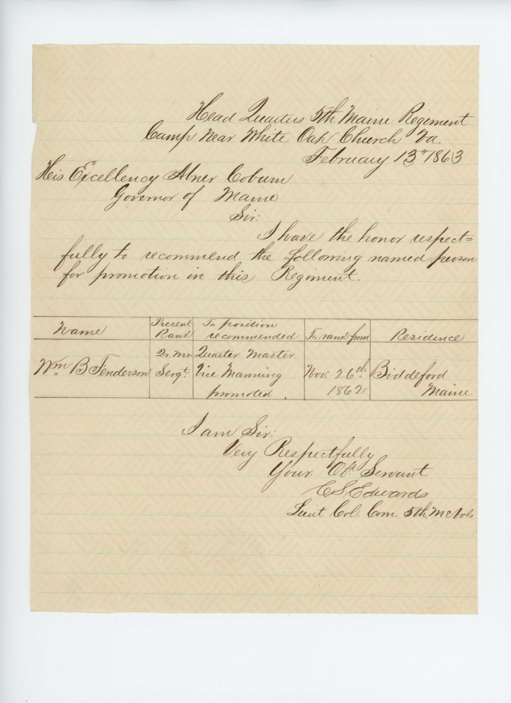 Miniature of Lieutenant Colonel Edwards recommends William B. Fenderson to Governor Coburn
