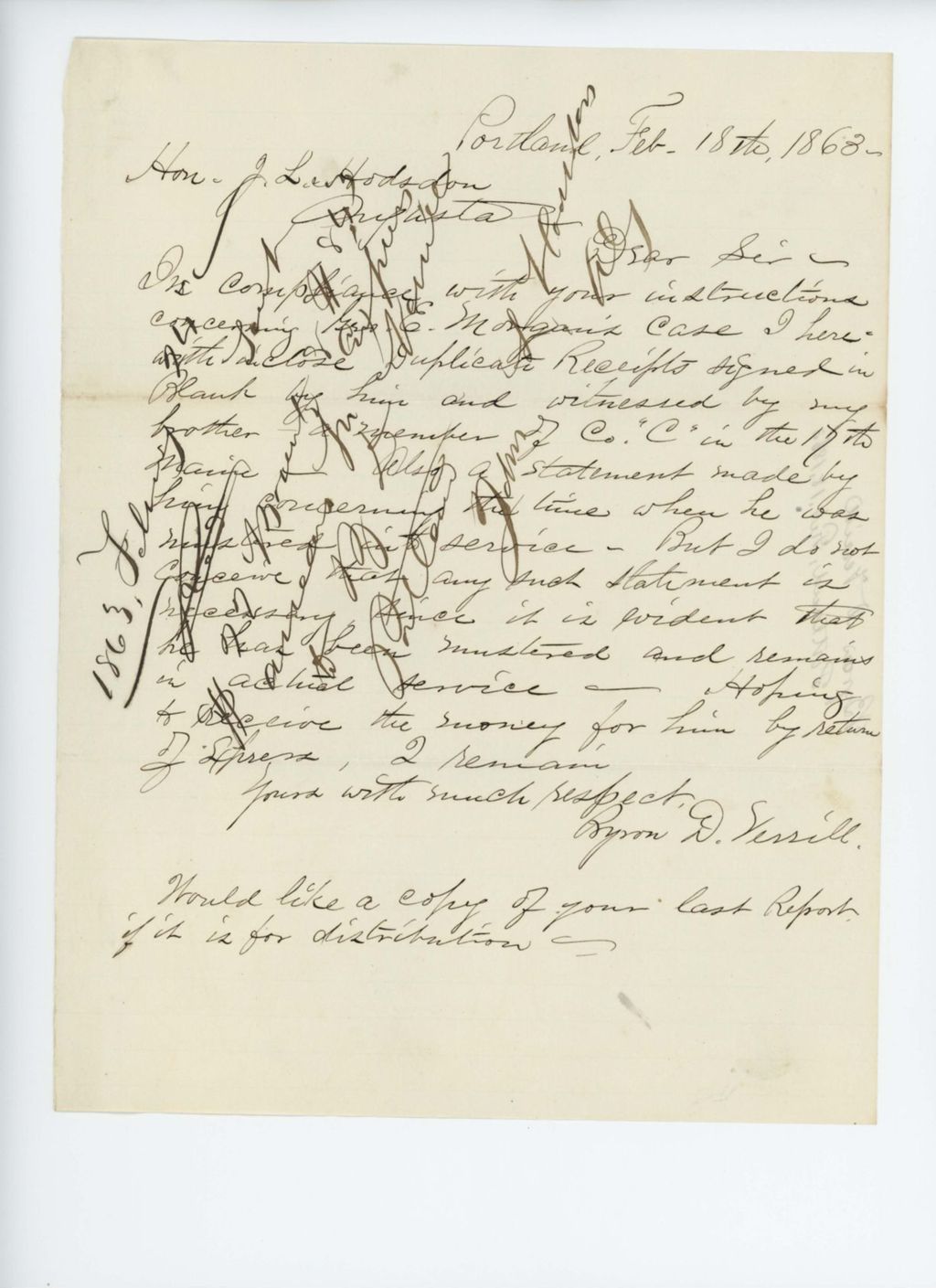 Miniature of Byron D. Verrill forwards information about George E. Morgan's case