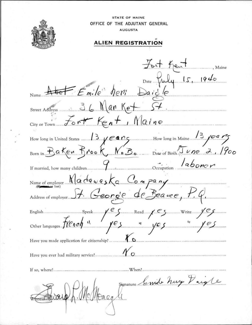 Miniature of Alien Registration- Daigle, Emile H. (Fort Kent, Aroostook County)