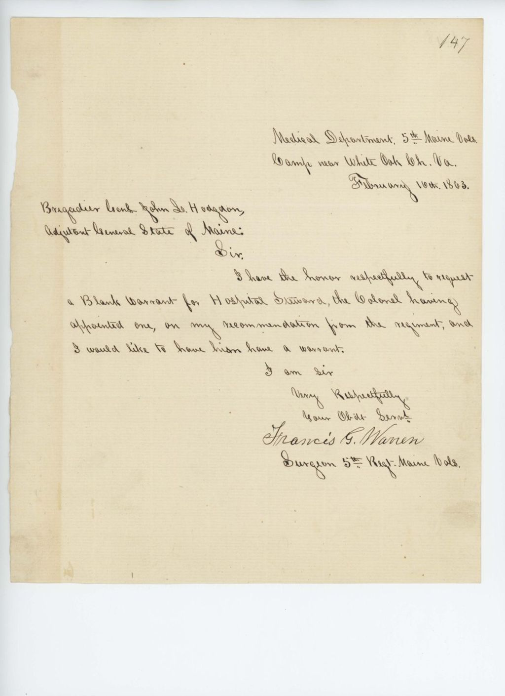 Miniature of Surgeon Francis Warren requests a blank warrant for the new hospital steward